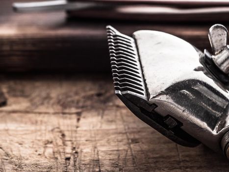 barber tools. vintage clipper straight razor. hairbrush.