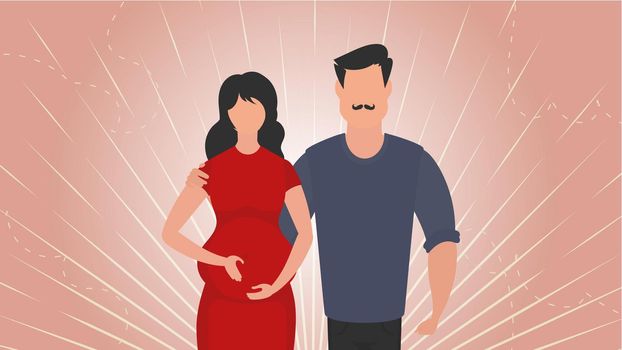 Pregnant woman with her husband. Banner on the theme Young family is waiting for the birth of a child. Positive and conscious pregnancy. Vector illustration.
