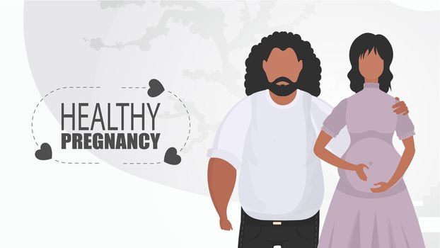 Healthy pregnancy. Man and pregnant woman. Couple jet baby. Positive and conscious pregnancy. Analysis illustration in flat style.