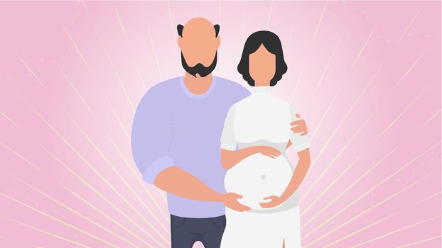 Pregnant woman with her husband. Banner on the theme of couple jet baby. Positive and conscious pregnancy. Vector illustration.