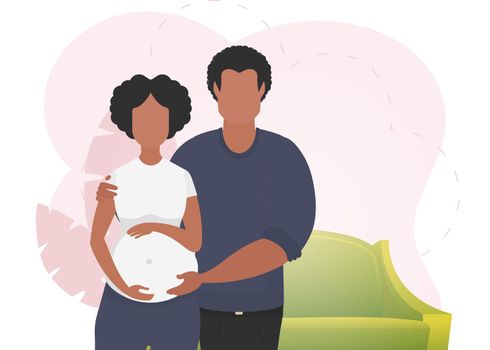 A man hugs a pregnant woman. Poster on the theme Young family is waiting for the birth of a child. Positive and conscious pregnancy. Vector illustration in a flat style.