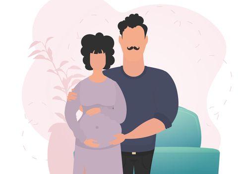 Man and pregnant woman. Banner on the theme Young family is waiting for the birth of a child. Positive and conscious pregnancy. Vector illustration.