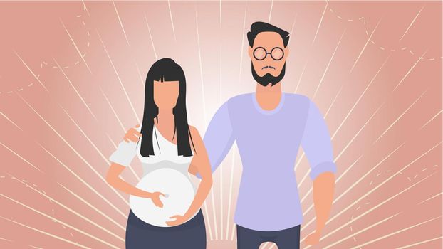 Pregnant woman with her husband. Banner on the theme of couple jet baby. Positive and conscious pregnancy. Vector in cartoon style.