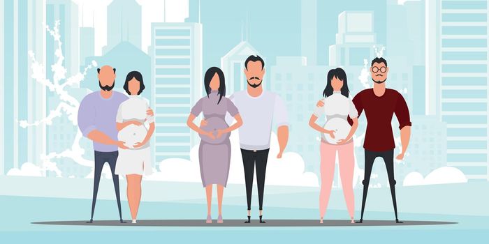Healthy pregnancy. A group of families who are going through pregnancy. Couple jet baby. Vector illustration in a flat style.