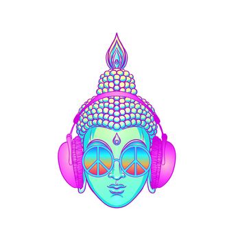 Groove. Modern Buddha listening to the music in headphones isolated on white. Vector illustration. Vintage psychedelic composition. Buddhism, trance music.