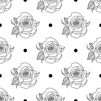 Seamless floral line art background with roses and leaf pattern illustration. Monochrome vector file.