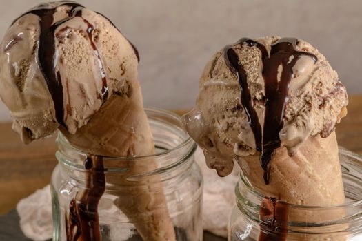 Chocolate ice cream in waffle cones