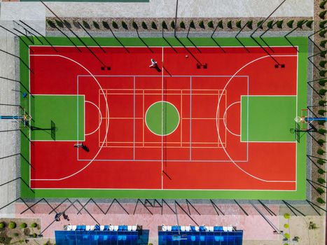 Aerial drone top down photo of basket ball court