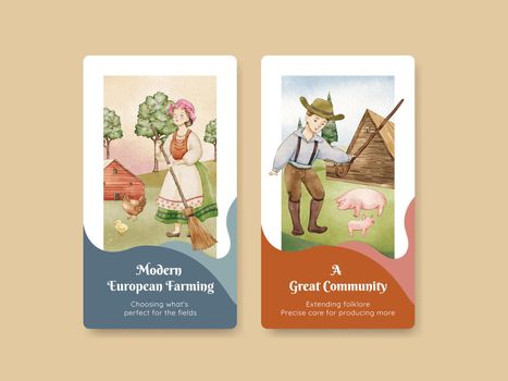 Instagram template with European folk farm life concept,watercolor style