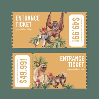Ticket template with monkey in the jungle concept,watercolor style