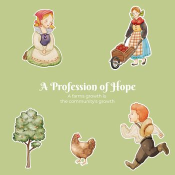 Sticker template with European folk farm life concept,watercolor style