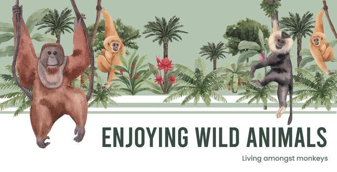 Billboard template with monkey in the jungle concept,watercolor style