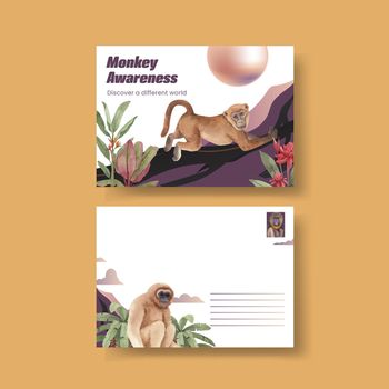 Postcard template with monkey in the jungle concept,watercolor style