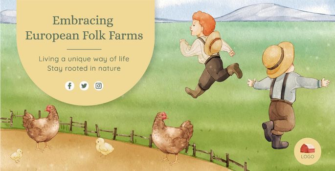 Billboard template with European folk farm life concept,watercolor style