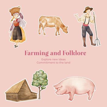 Sticker template with European folk farm life concept,watercolor style