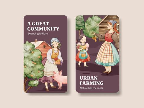 Instagram template with European folk farm life concept,watercolor style
