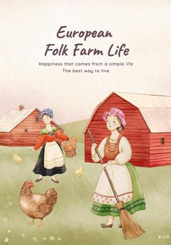 Poster template with European folk farm life concept,watercolor style