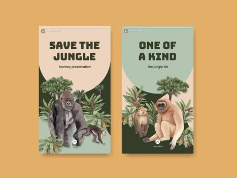 Instagram template with monkey in the jungle concept,watercolor style