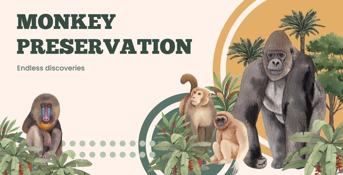Billboard template with monkey in the jungle concept,watercolor style