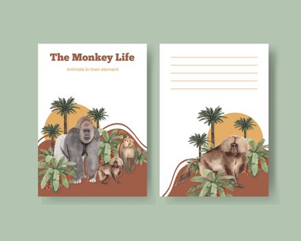 Postcard template with monkey in the jungle concept,watercolor style