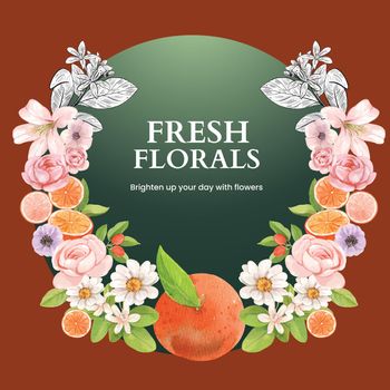 Wreath template with orange grapefruit concept,watercolor