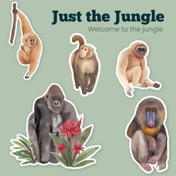 Sticker template with monkey in the jungle concept,watercolor style