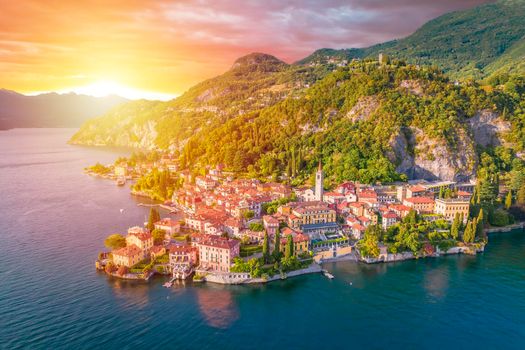 Town of Varenna and Como lake epic sunset aerial view
