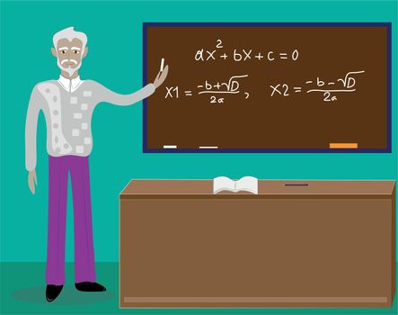 Illustration of a lecture from a professor, teacher of higher and secondary sciences. A cheerful and wise teacher, full of life, shares his knowledge in the classroom. Information and knowledge help on the way to the well-being of the world.
