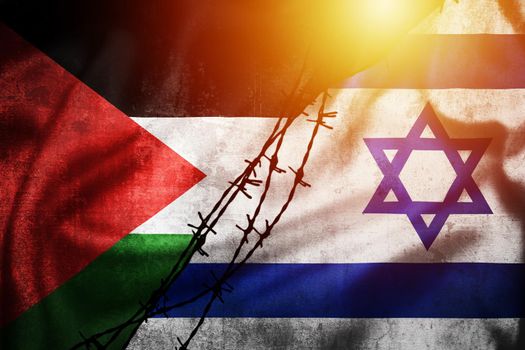 Grunge flags of Palestine and Israel divided by barb wire sun haze illustration