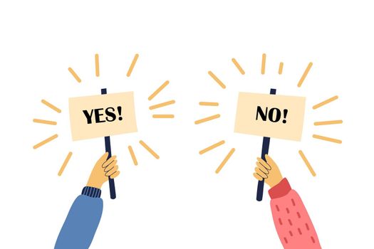 Cartoon vector illustration of Yes No banner in human hand on white background. Test question. Choice hesitate, dispute, opposition, choice, dilemma, opponent view.