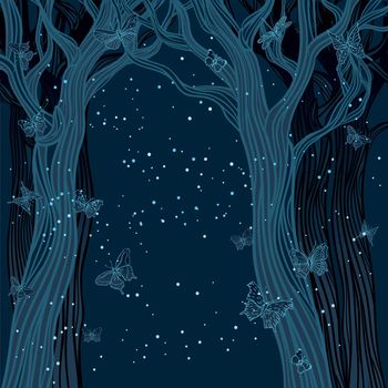 Brown background with trees, stars and butterflies