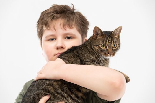 A boy holds a she-cat in his arms and hugs her. Close-up view.