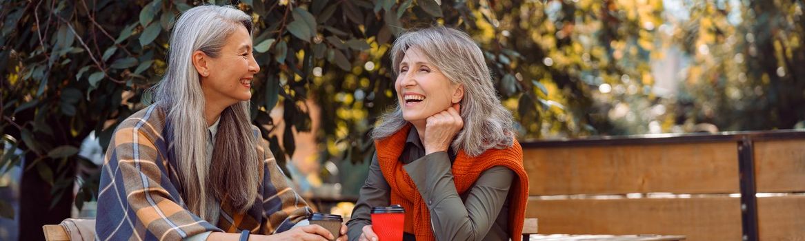 Mature Asian lady with positive grey haired friend spend time together in street cafe
