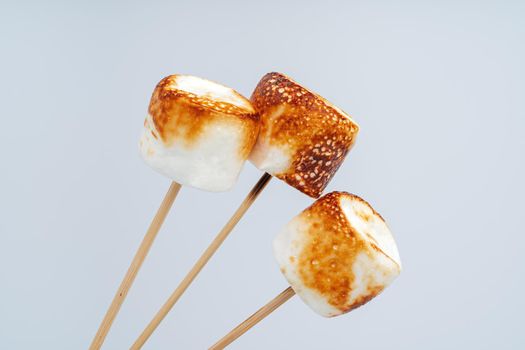 Roasted Marshmallow on a stick, isolated on a white background.