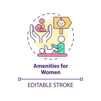 Amenities for women concept icon. Comfortable city design for mothers with babies abstract idea thin line illustration. Isolated outline drawing. Editable stroke. Arial, Myriad Pro-Bold fonts used