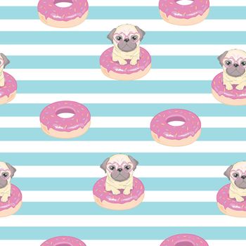 Pink seamless pattern with funny pug and donut. Pug dog cartoon illustration. Cute friendly fat chubby fawn sitting pug puppy, smiling with tongue out.
