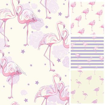 Cute set of Pink Flamingo tropical vibes seamless patterns.