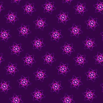 Illustration raster seamless pattern of mandalas in shiny glowing lilac color on dark lilac background
