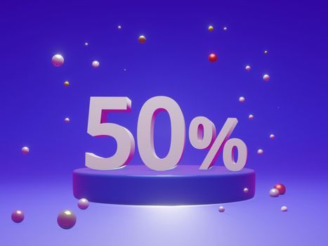 The podium shows up to 50% off discount concept banners, promotional sales, and super shopping offer banners. 3D rendering.