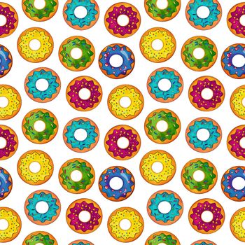 Seamless pattern of donuts multi colored on a white isolated background. Confectionery sweets top view.