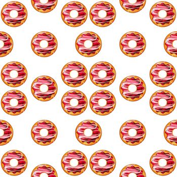 Seamless pattern of red donuts on a white isolated background. Confectionery sweets top view.