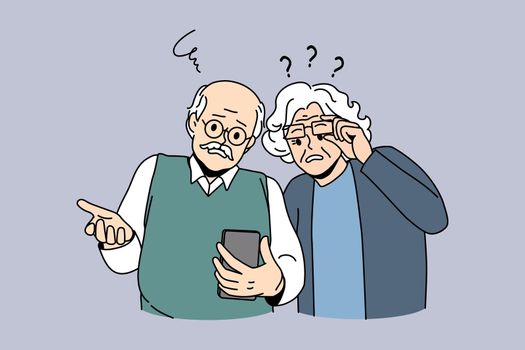 Mature people and technologies concept. Frustrated elderly couple looking at smartphone using internet having problems with gadget vector illustration