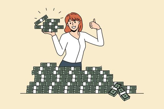 Financial success and big money concept. Smiling woman worker standing and holding heaps of cash money showing thumbs up sign vector illustration