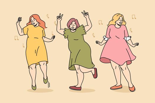 Body positive and lifestyle concept. Group of happy cheerful young women plus size obsolete dancing having fun enjoying life together vector illustration