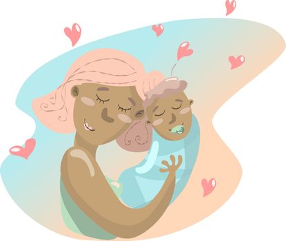 Young mum hugging with newborn baby, colorful background