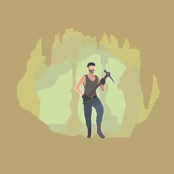 Miner in a cave with a pickaxe in his hands, vector in the style of paper cut