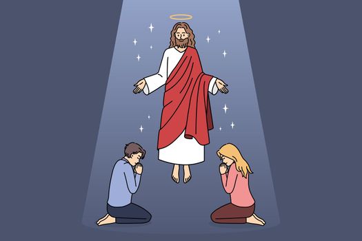 Religion and Christianity education concept. Kind smiling Jesus in red clothing flying over sitting and praying people taking care of them vector illustration