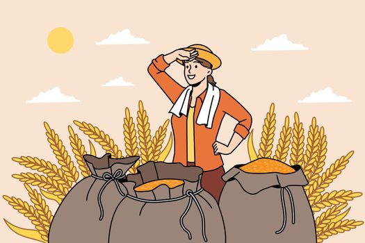 Agriculture farming and nature concept. Smiling woman farmer standing after working day with sacks full of harvested rye in field vector illustration