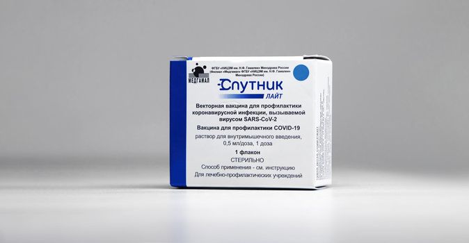 Box with new Russian vaccine against coronavirus SARS-CoV-2, Sputnik Lite. Vaccine for prevention COVID-19. 26.08.2021, Moscow, Russia