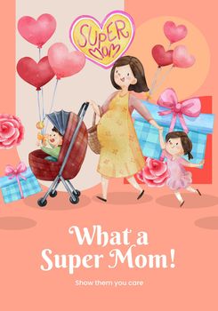 Poster template with love supermom concept,watercolor style